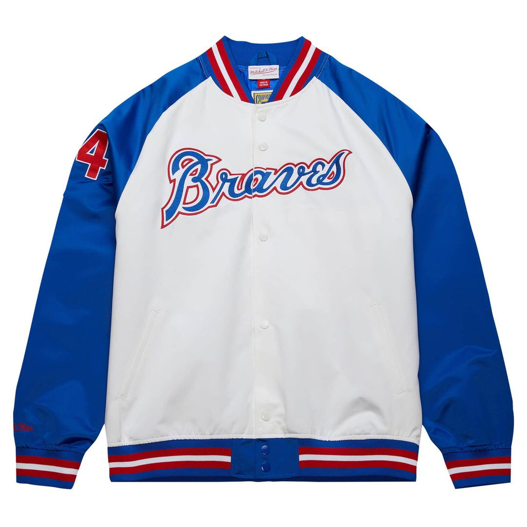 Atlanta Braves Hank Aaron Mitchell & Ness Cooperstown Legends Lightweight Satin Raglan Full - Snap Jacket - White/Royal